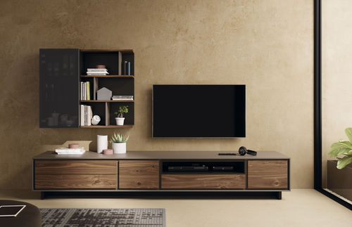 Parete attrezzata TV contemporaneo - BOOK 03 - VIVE - MUEBLES VERGE S.L. - in legno laccato / in noce / in vetro