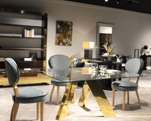 Tavolo da pranzo contemporaneo - T-867-L - ArtesMoble - in vetro temprato / con supporto in MDF / con supporto in ottone lucido
