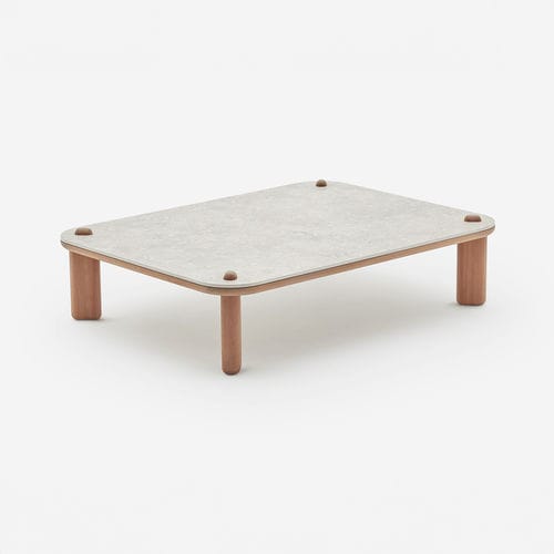 Tavolino basso contemporaneo - KNOPPIE MEDIUM - HALDANE - in Dekton® / con supporto in iroko / rettangolare