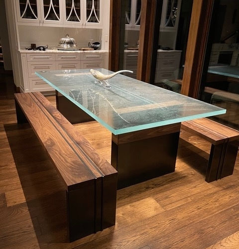 Tavolo contemporaneo - ThinkGlass - in vetro / con supporto in legno / rettangolare
