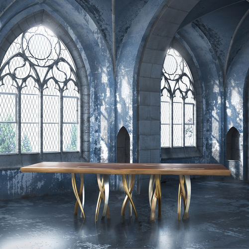 Tavolo da pranzo design originale - IL PEZZO 8 - Il Pezzo Mancante - in noce / in legno massiccio / con supporto in ottone