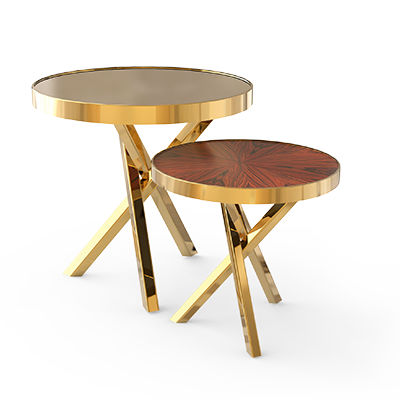 Tavolo d'appoggio contemporaneo - WHEEL SET - Bat Eye - impiallacciato in legno / in ottone lucidato / rotondo