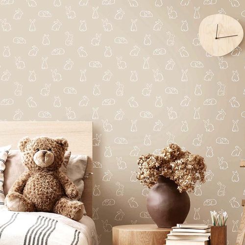Carta da parati contemporanea - MiniMe : CONIGLI - Parato - con motivo per bambini / verde / beige