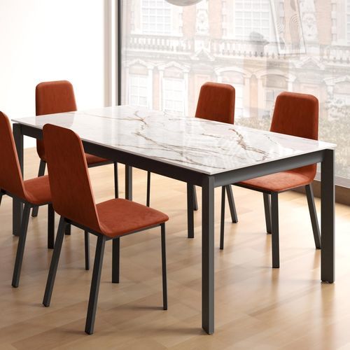 Tavolo da pranzo contemporaneo - FOCUS - Cancio - in ceramica / con supporto in acciaio laccato / rettangolare