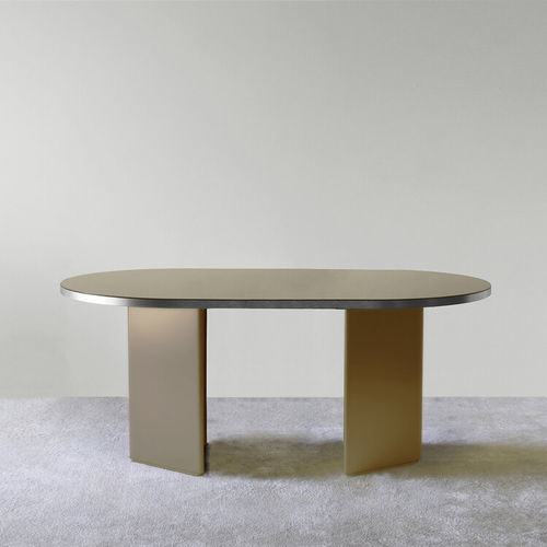 Tavolo da pranzo contemporaneo - BRANDY - L - ENO STUDIO - in vetro / con supporto in legno / rotondo