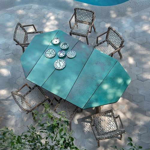 Tavolo da pranzo contemporaneo - Rafael - Ethimo - in teak / in marmo / con supporto in teak