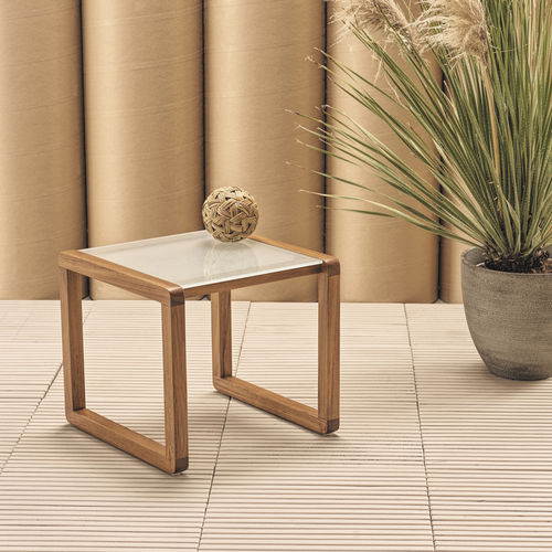 Tavolo d'appoggio contemporaneo - Dual - Il Giardino di Legno - in vetro / con supporto in teak / quadrato