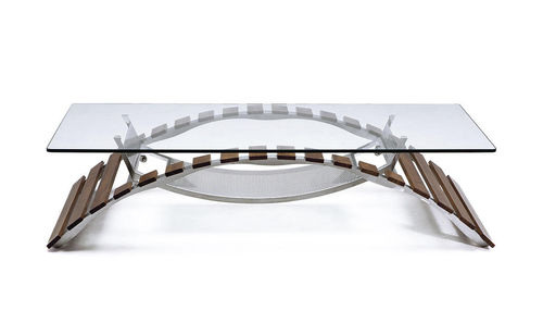 Tavolino basso design originale - TABVLA - PALMAR arredi - in iroko / in vetro temprato / in cristallo
