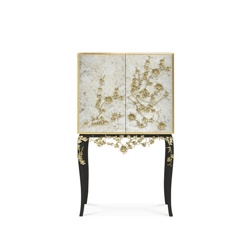 Mobile bar contemporaneo - SPELLBOUND AGED MIRROR - KOKET Love Happens - in legno laccato brillante / in ottone / con sportello battente