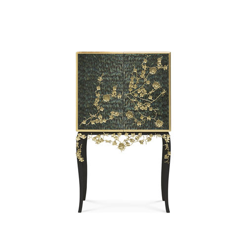 Mobile bar contemporaneo - SPELLBOUND PEACOCK FEATHER - KOKET Love Happens - in legno laccato brillante / in ottone / con sportello battente