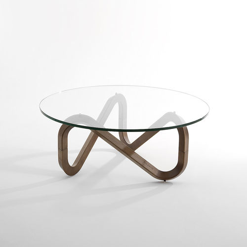 Tavolino basso contemporaneo - LIBRA - Kubikoff - in vetro / in legno / con supporto in legno