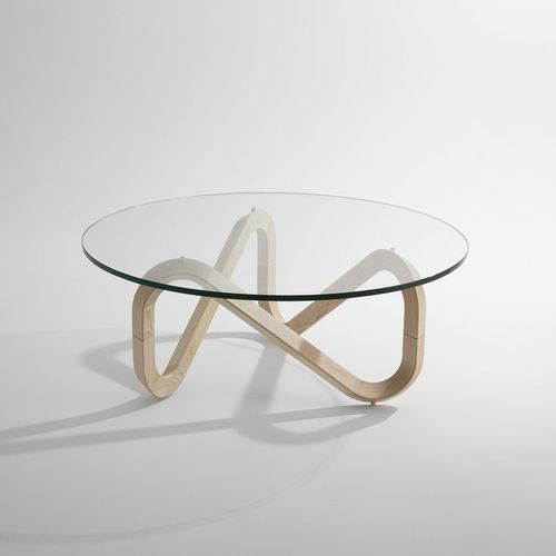 Tavolino basso contemporaneo - LIBRA - Kubikoff - in vetro / con supporto in legno / rotondo