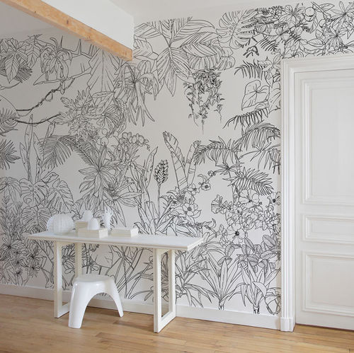 Carta da parati contemporanea - Papier peint Jungle Tropical Noir et Blanc - Ohmywall - floreale / con motivi naturali / panoramica