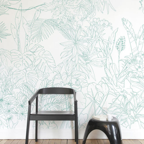 Carta da parati contemporanea - Papier peint Jungle Tropical Vert Turquoise Panoramique - Ohmywall - con motivi floreali / con motivi naturali / panoramica