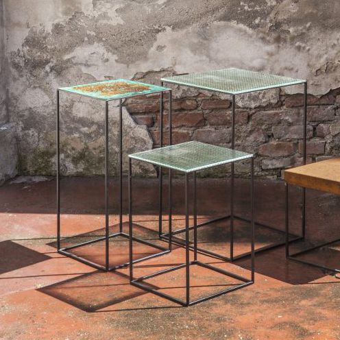 Tavolo d'appoggio design minimalista - SLIM IRONY ART - ZEUS - in vetro / in lamiera d'acciaio / con supporto in rame