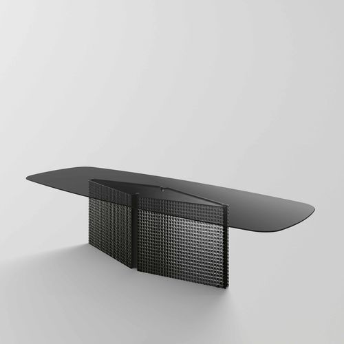 Tavolo da pranzo contemporaneo - BOW - TONELLI Design - in vetro temprato / con supporto in acciaio / rettangolare
