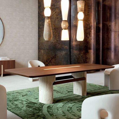 Tavolo da pranzo contemporaneo - ROCHE BOBOIS - impiallacciato in legno / in MDF / con supporto in travertino