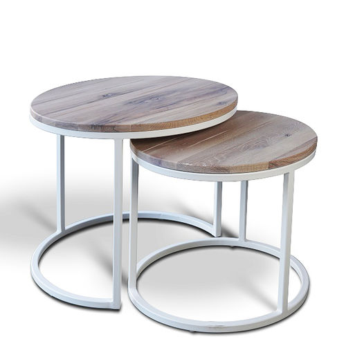 Tavolino basso contemporaneo - LODGE - Ecomatrix SRL - in rovere / con supporto in acciaio / rotondo