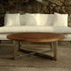 tavolino basso contemporaneo / in teak / con supporto in acciaio inossidabile / rotondo