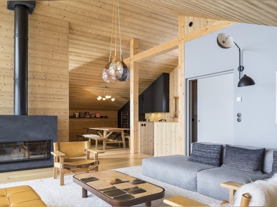 Il chalet bello del legname ostenta la bellezza di minimalismo moderno