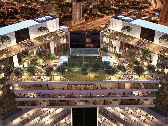 le torri del punto del fiume dei viñoly uno di rafael a Miami si sono collegate con uno skybridge