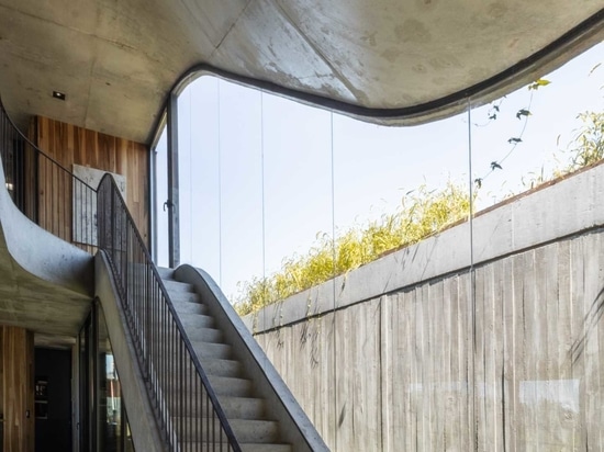 Una casa che si erge dal terreno formando un giardino a tre livelli