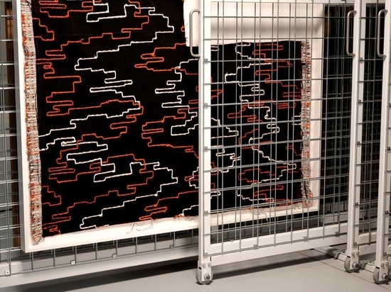 En Route, meandering line on a full ground. Inspired by Anni Albers, woven by Dedar