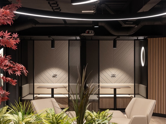 I divisori in rete metallica Banker LPZ-71 creano cabine semi-private al 58 di Mosley Street, contribuendo a creare un ambiente di lavoro collaborativo.