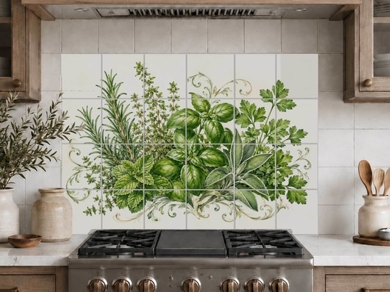 Paraschizzi da cucina con erbe aromatiche e fogliame