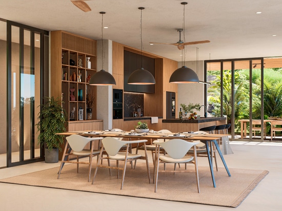 Ventilatore da soffitto in legno Boreas di Anemoi in una cucina di design