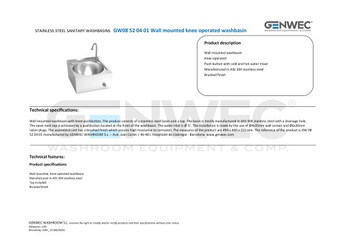 GW08 52 04 01 Wall mounted knee operated washbasin