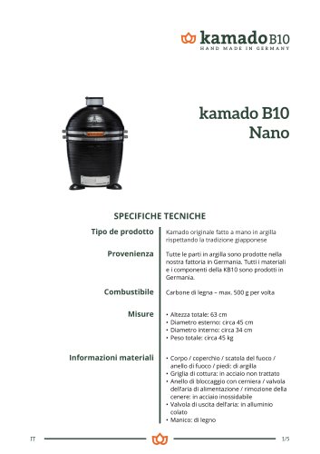 Specifiche Tecniche kamado B10 Nano