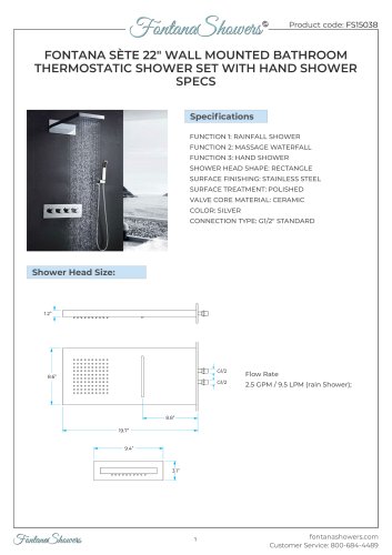 FONTANA SÈTE 22" WALL MOUNTED BATHROOM THERMOSTATIC SHOWER SET WITH HAND SHOWER SPECS