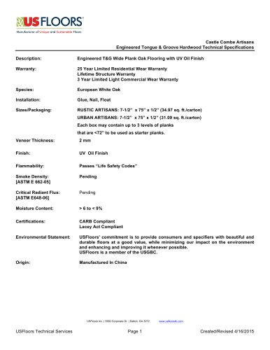 Castle Combe Artisans Specifications