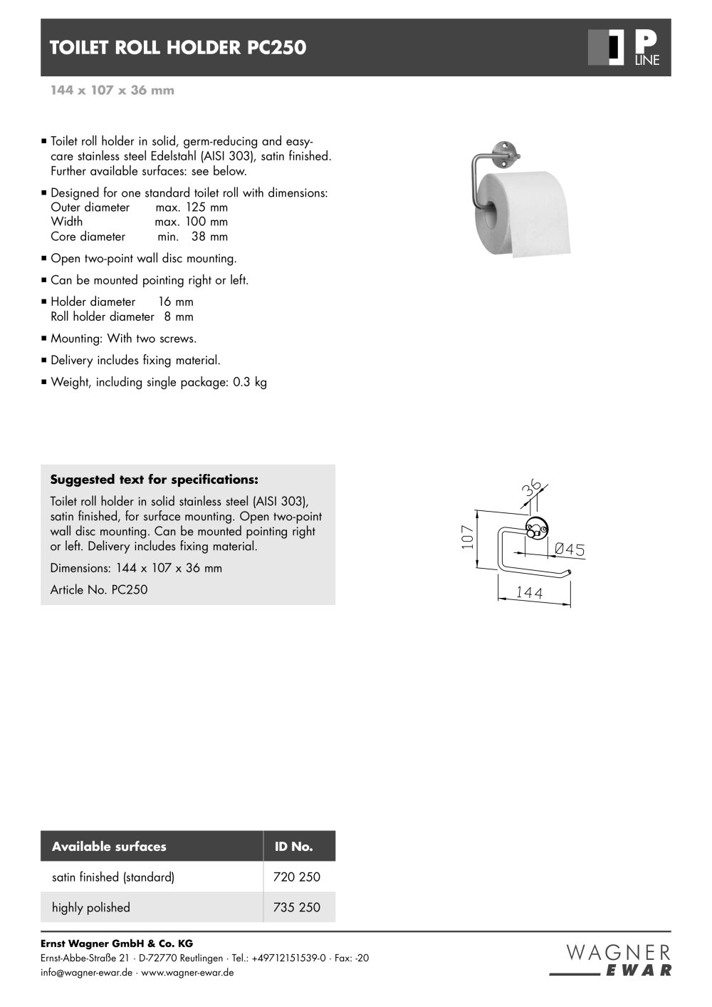 TOILET ROLL HOLDER PC250 - ERNST WAGNER GmbH & Co. KG