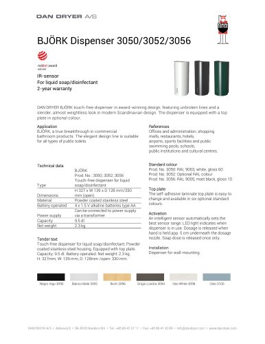 BJÖRK Soap/Disinfectant Dispenser, touchfree, data sheet