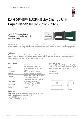 DAN DRYER® BJÖRK Baby Change Unit Paper Dispenser 3250/3255/3260